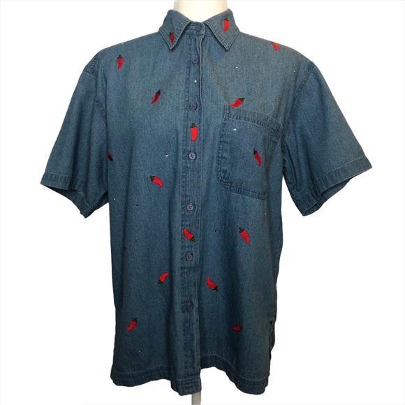 Red Chili Pepper & Rhinestone Denim Button Down - Picture 2 of 4